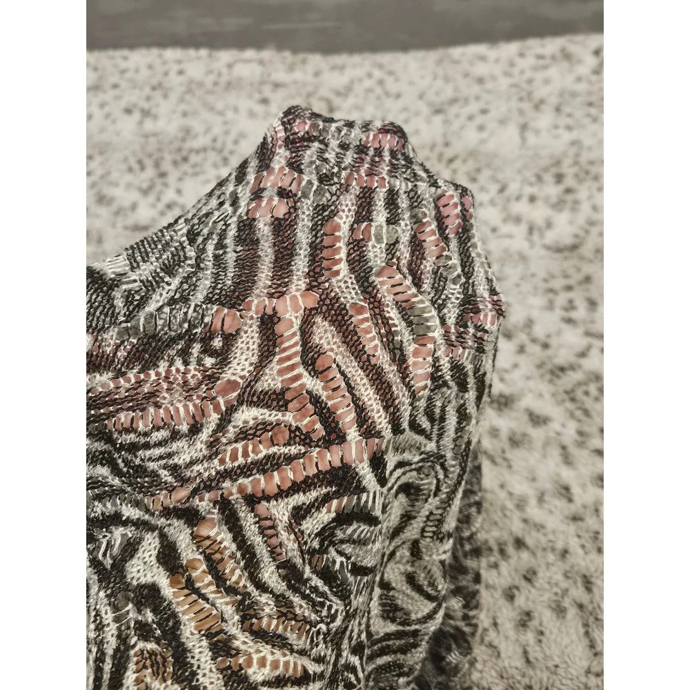 Alberto Makali Linen Blend Animal Print Pointelle Knit Open Cardigan XL Neutral
